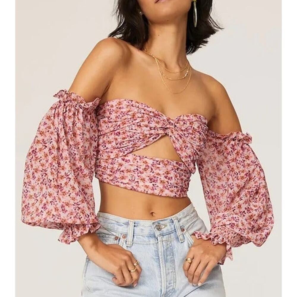 AMUR Hilda Crop Top Floral Off Shoulder Puff Sleeve Twist Front Cutout Pink XS
